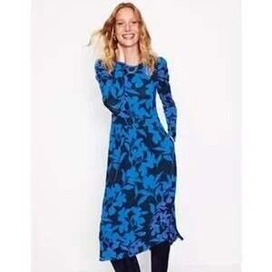 NWT BODEN Puff Sleeve Blouson Midi Dress US 8 Navy Bright Blue Floral Fit Flare
